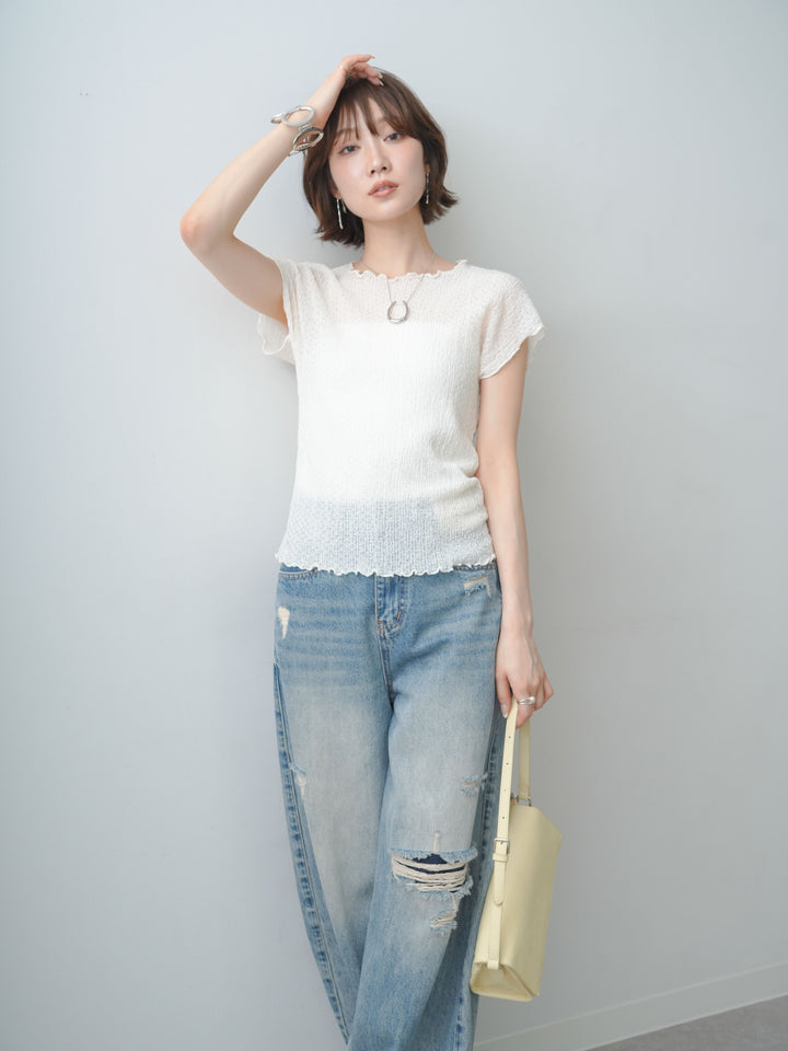 [SET]シャーリングシアーバックオープンフレンチトップス+ダメージデニムセミワイドパンツ(2set)