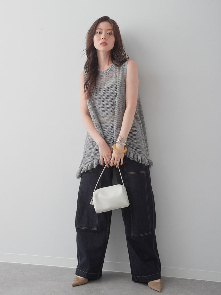 [予約]透かし編みヘムフリルノースリニットトップス/gray