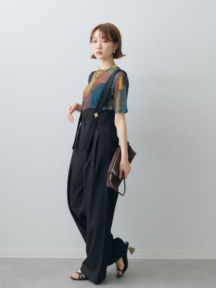 [SET]水彩アートシアーTシャツ+ゴールドボタンサスペンダーワイドパンツ(2set)