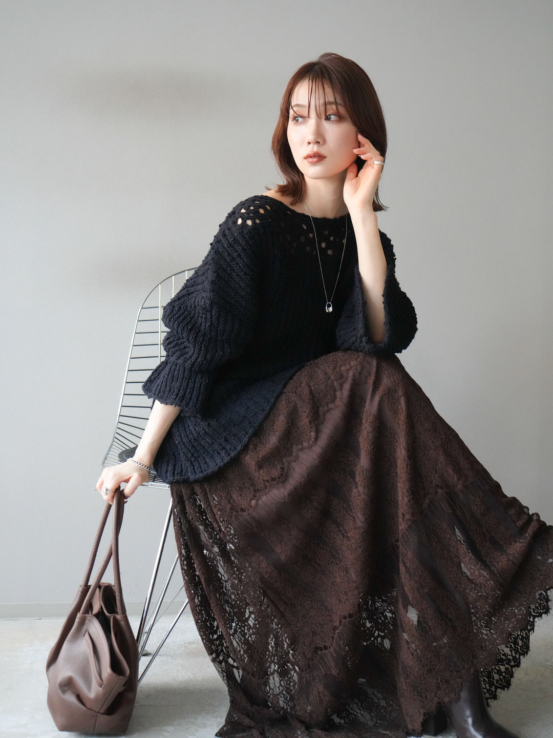 [予約]ボートネック透かし編みニットプルオーバー/navy