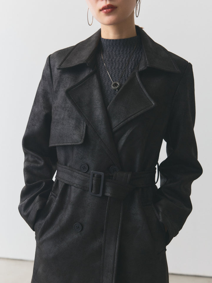 【Allure】[SET]デザインリブハーフニットトップス+ウールライクストライプワイドパンツ+ヴィンテージレザートレンチコート(3set)