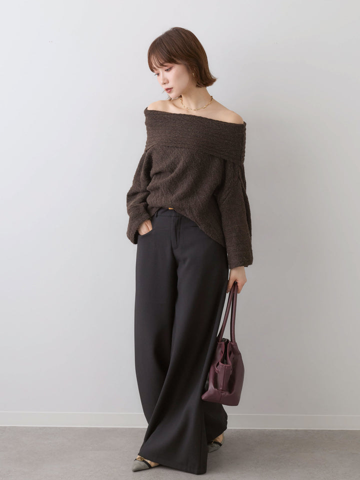 [SET]アシメデザインオフショルニットトップス+ベルト付ポケットデザインワイドストレートパンツ(2set)