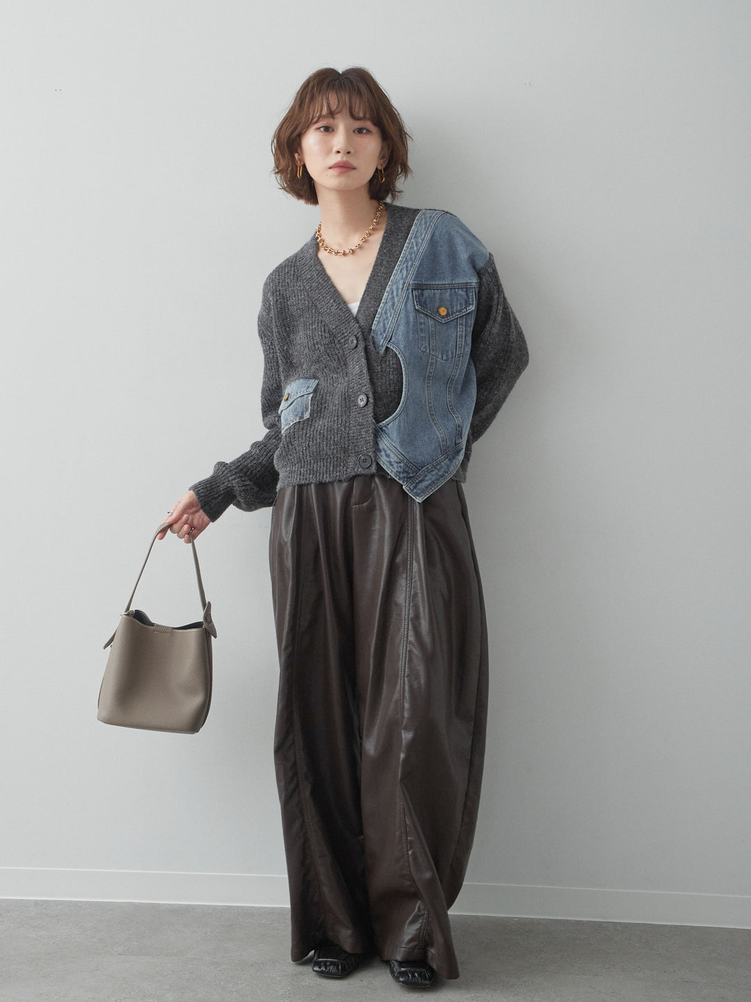 [SET]デニムコンビデザインニットカーディガン+フェイクレザーワイドパンツ(2set)