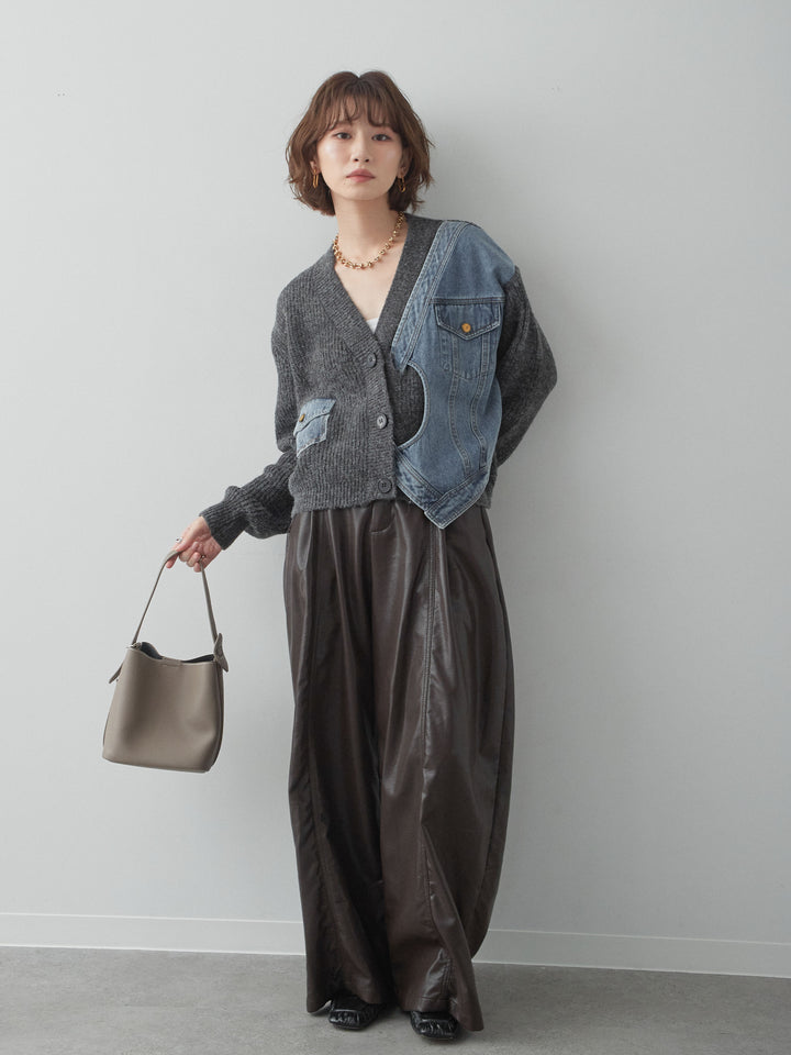 [SET]デニムコンビデザインニットカーディガン+フェイクレザーワイドパンツ(2set)