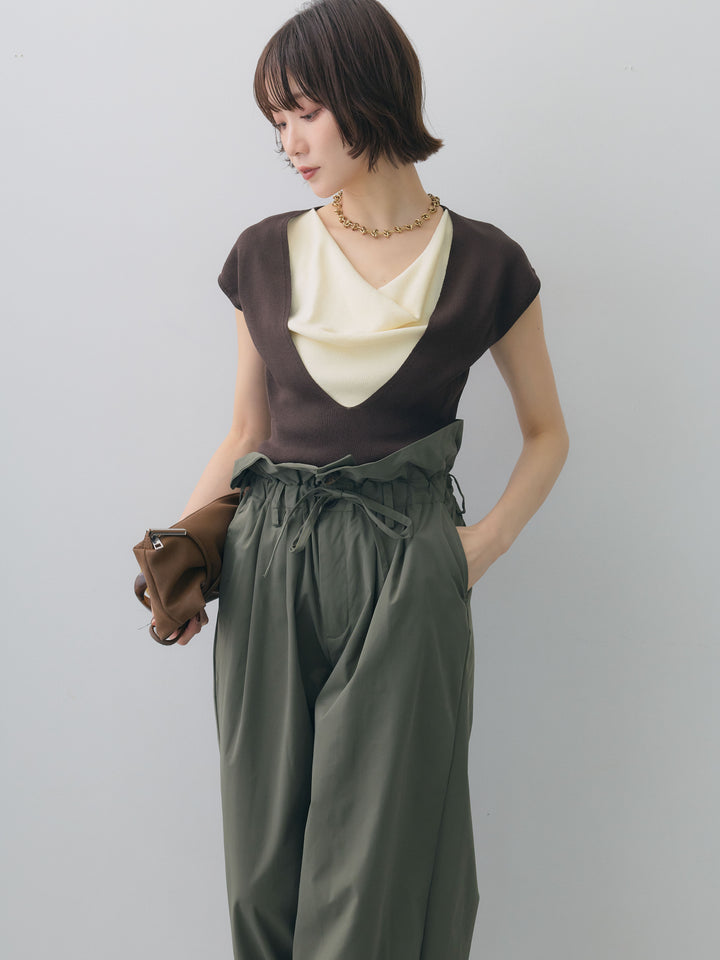 [予約]レイヤードデザインスリムフレンチニットトップス/brown