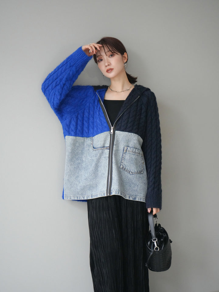 [予約]デニム×バイカラーニットZIPフーディ/blue