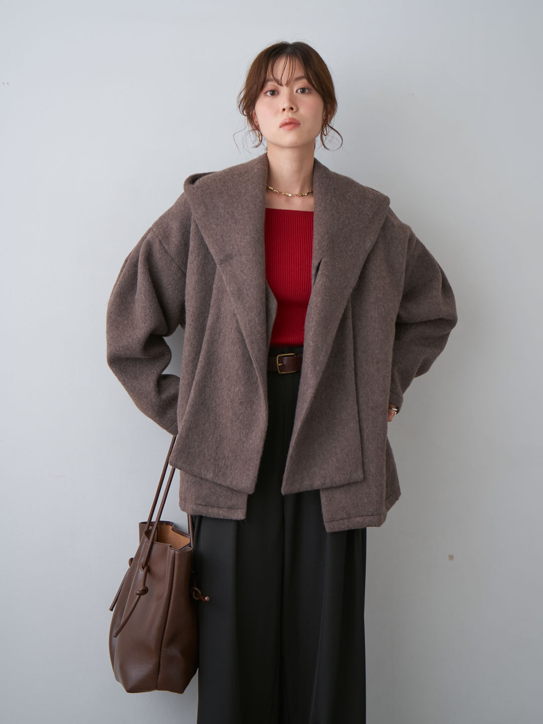 [SET]フードマフ付メランジコート+ツイルタックワイドパンツ(2set)