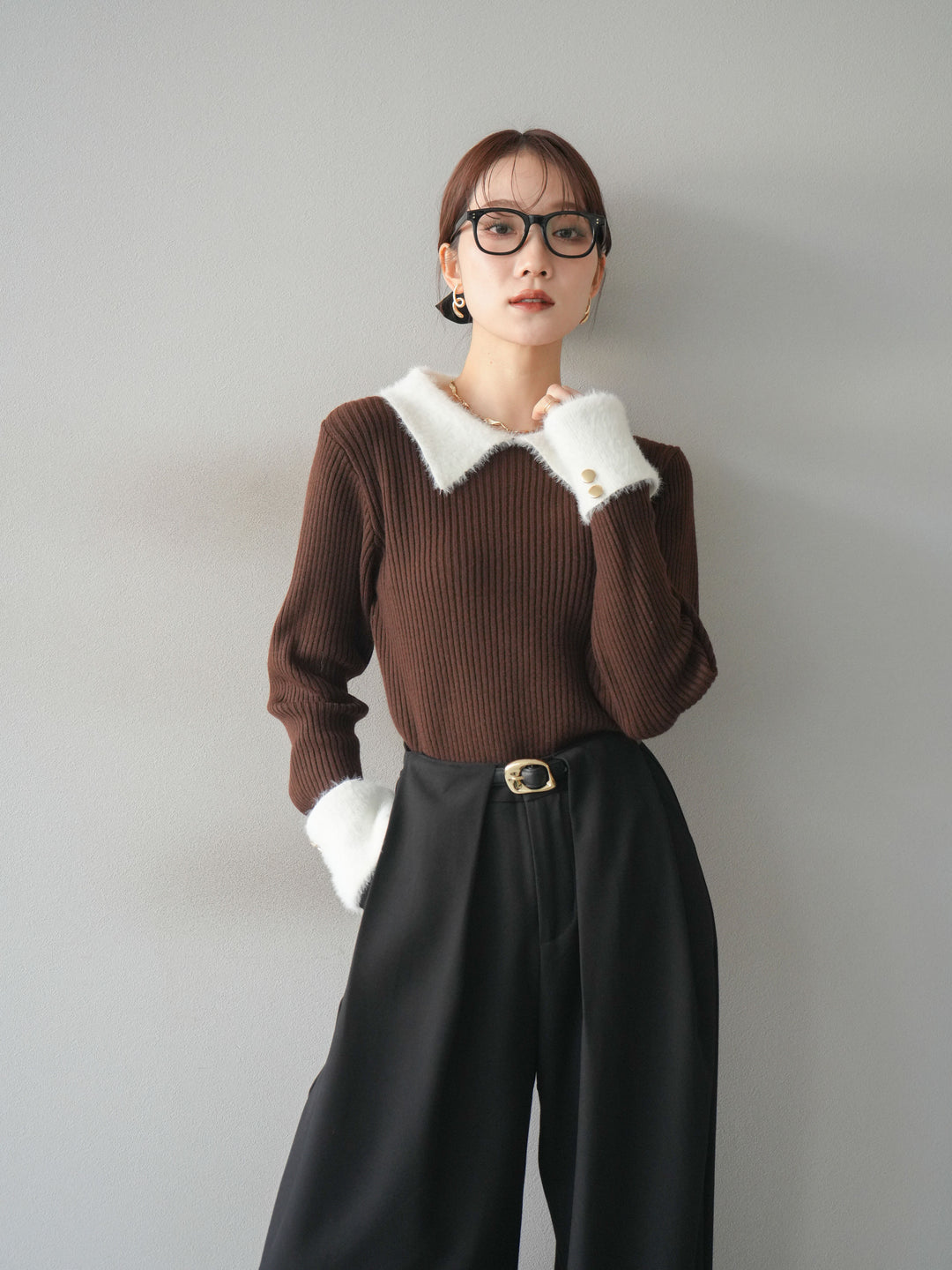 [SET]シャギー襟リブニットトップス+ベルトループデザインワイドパンツ(2set)