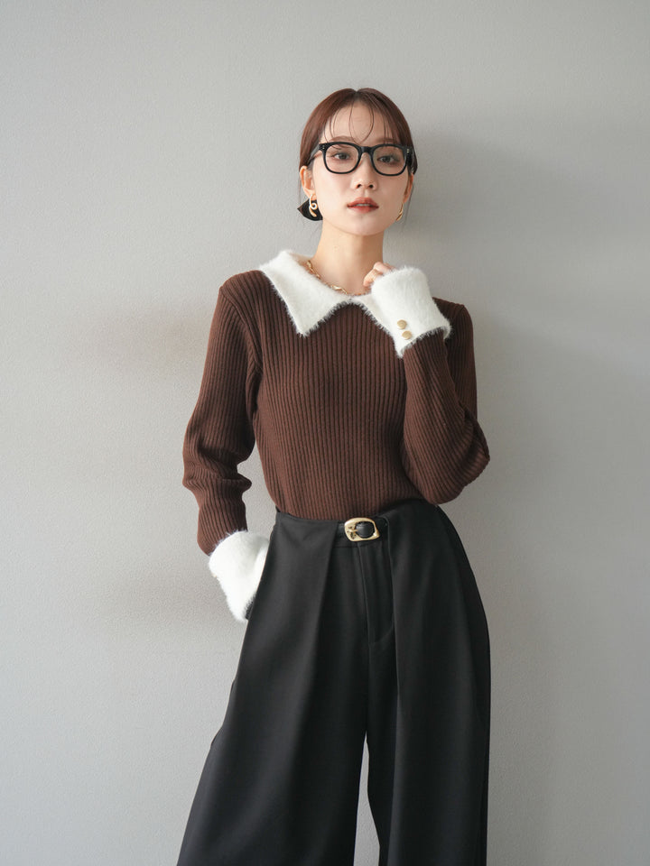 [SET]シャギー襟リブニットトップス+ベルトループデザインワイドパンツ(2set)