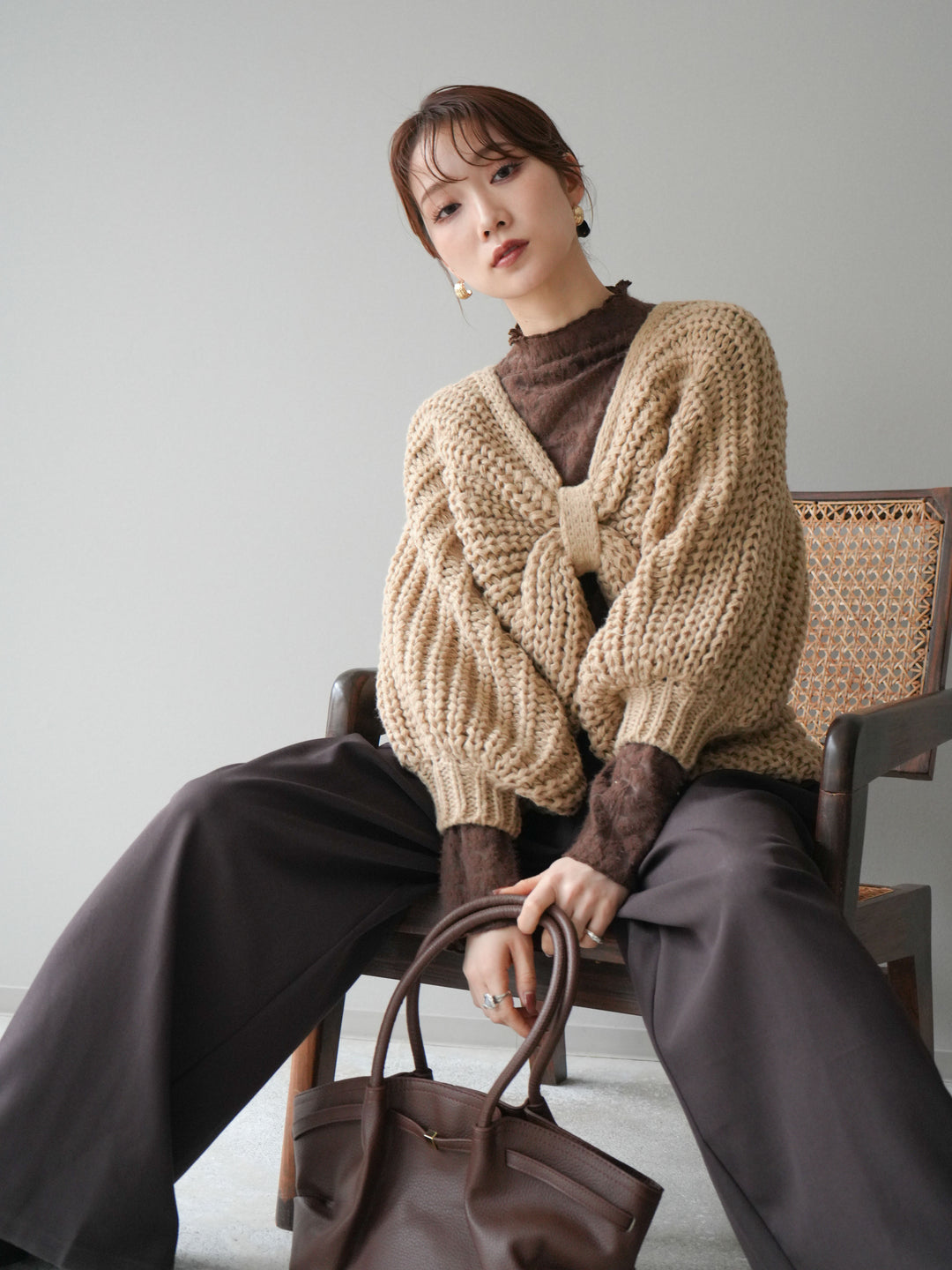 [SET]ローゲージ畦編みドルマンニットボレロ+起毛レースプチネックトップス+ベルトループデザインワイドパンツM(3set)