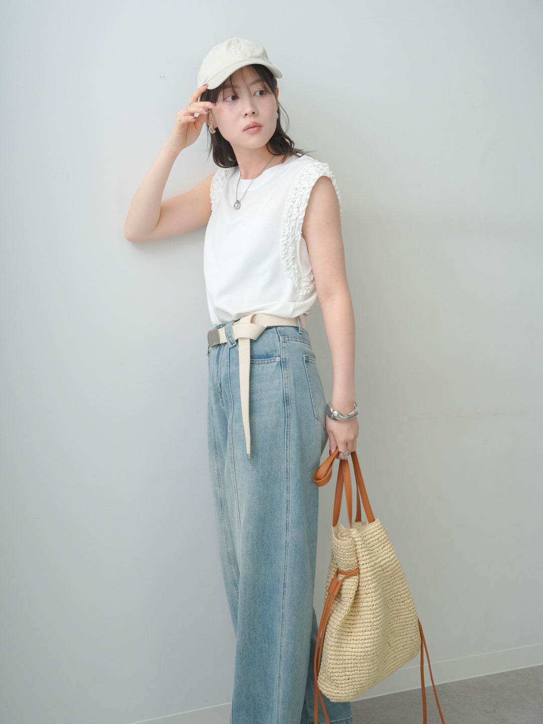 [SET]ホイップフリルフレンチTEE+センターラインワイドストレートデニム(2set)