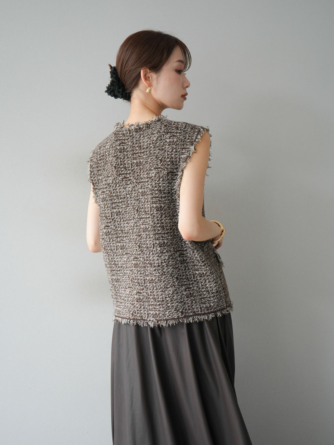 [予約]ミックスツイードフリンジニットベスト/ブラウン