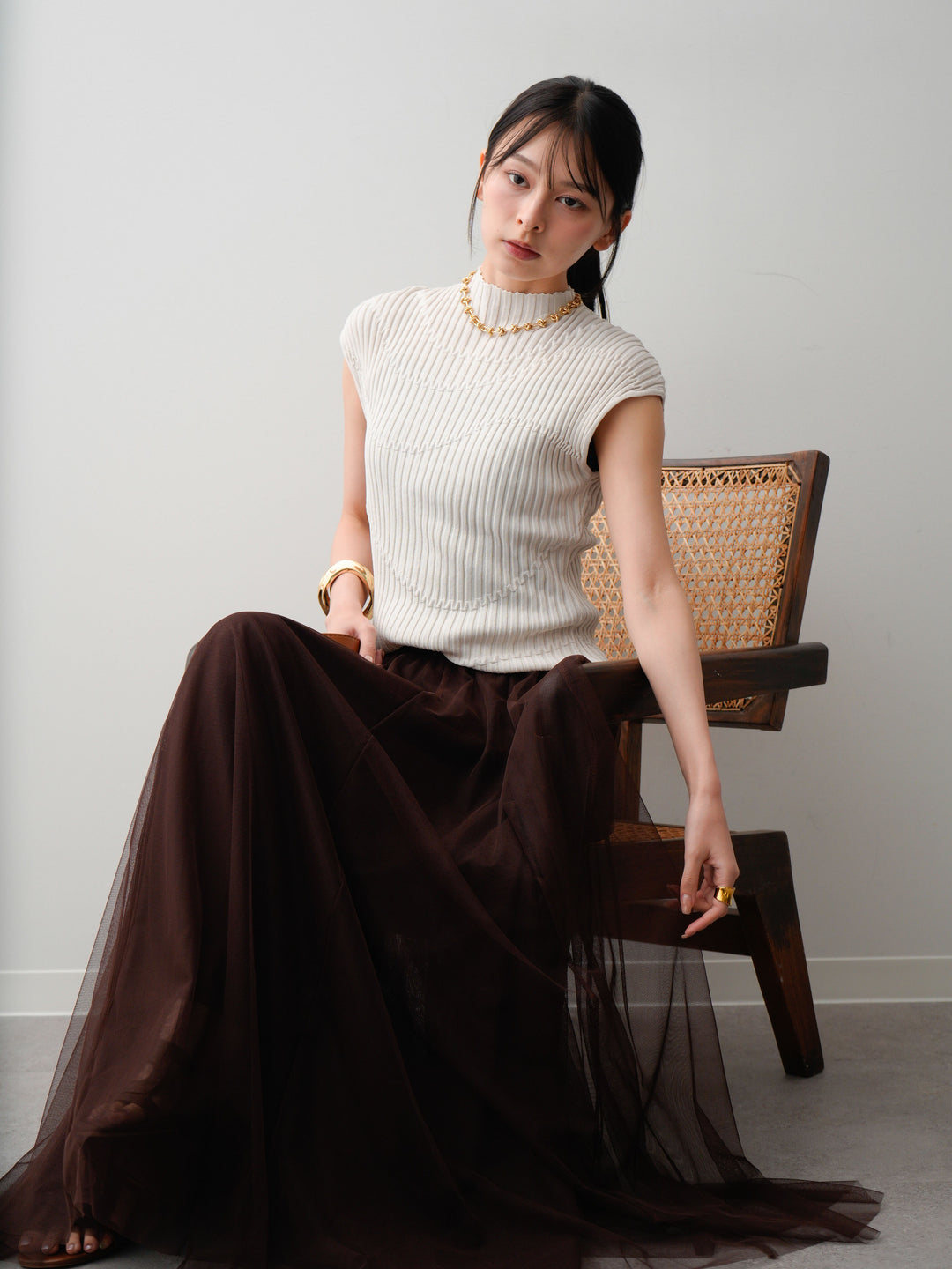 [SET]モードラインリブフレンチニットトップス+チュールボリュームスカート(2set)