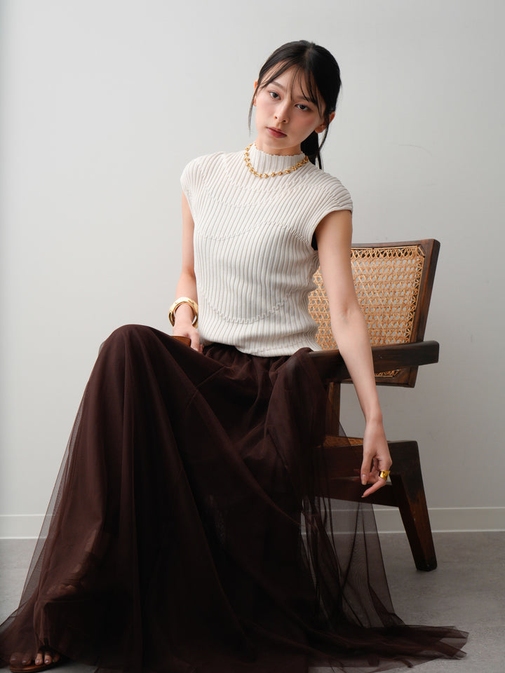 [SET]モードラインリブフレンチニットトップス+チュールボリュームスカート(2set)