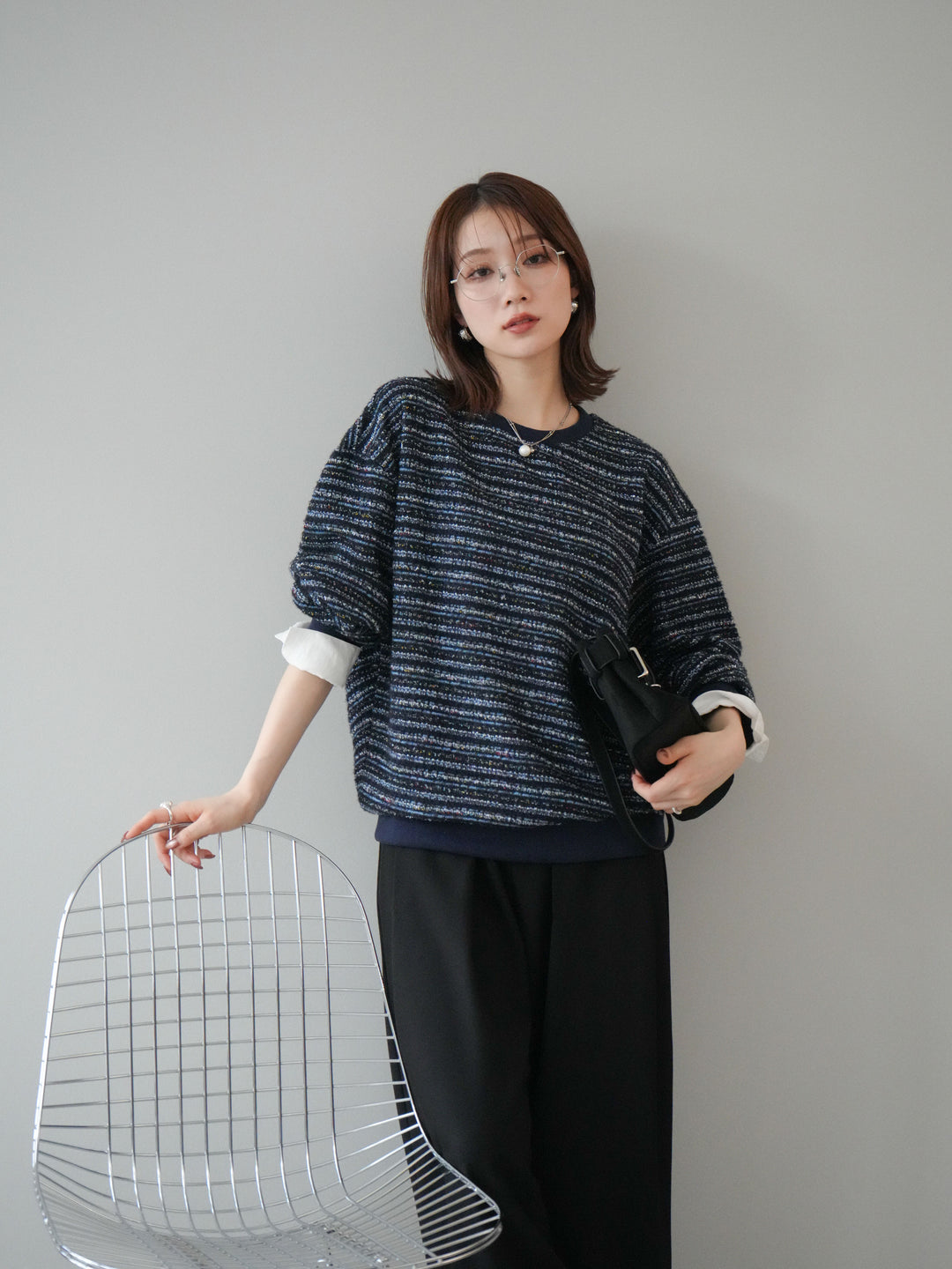 [予約]MIXツイードライクカフスドッキングプルオーバー/blue