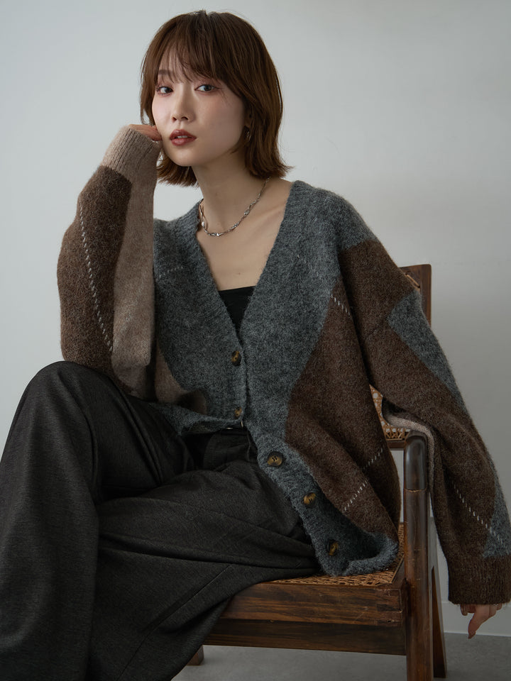 [予約]アーガイルオーバーニットカーディガン/brown