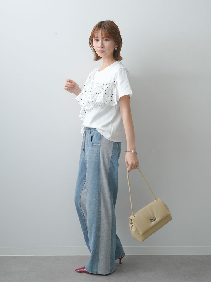 [SET]ドットギャザーフリルデザインTEE+デニム切替スウェットパンツ(2set)