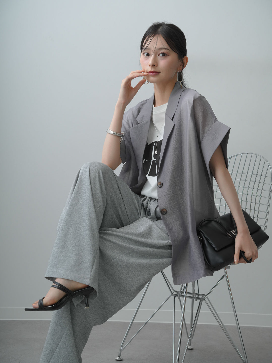 [SET]シアーオーバー半袖ジャケット+ショルダータックノースリーブオーバーTEE(2set)