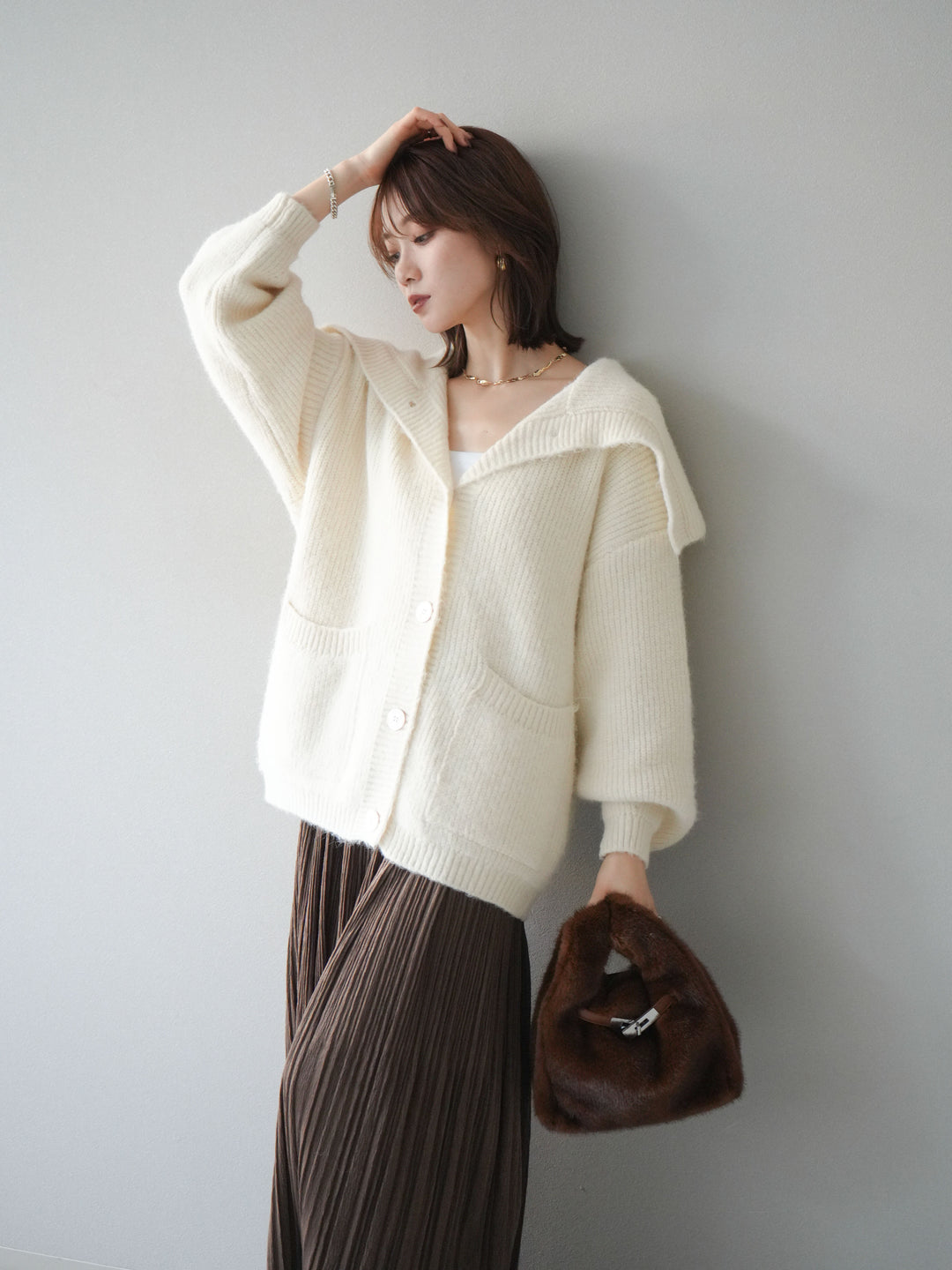 [予約]襟付きボタンオーバーニットカーディガン/ivory