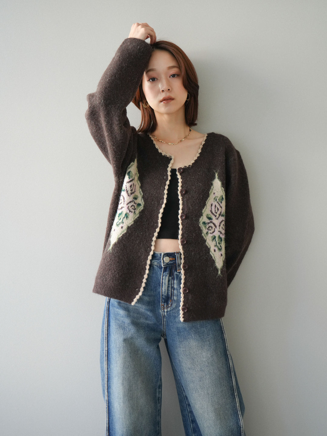 [予約]アンティークフラワージャガードニットカーディガン/brown