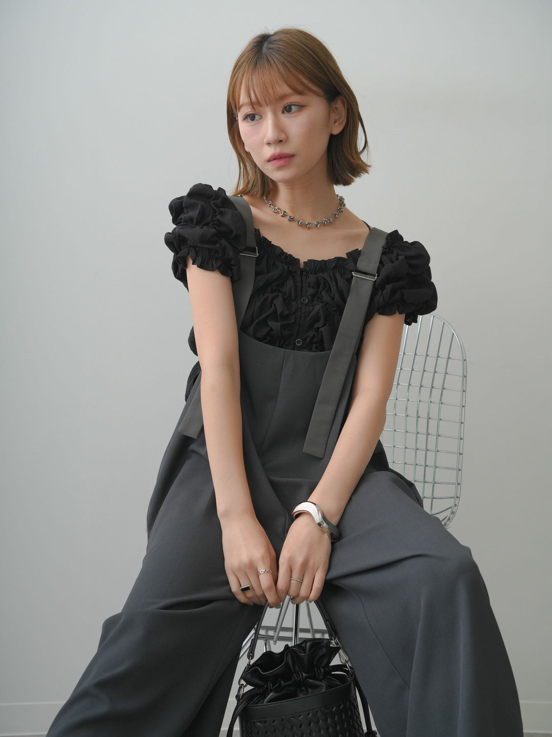 [予約]前後2wayドレープワイドオールインワン/charcoal