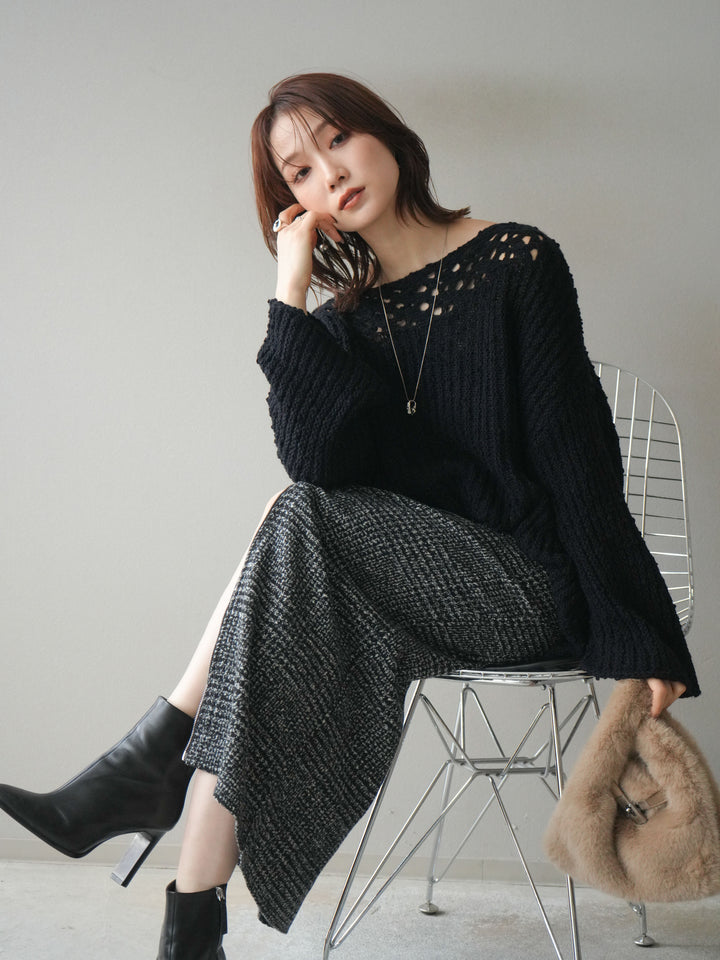 [予約]ボートネック透かし編みニットプルオーバー/navy