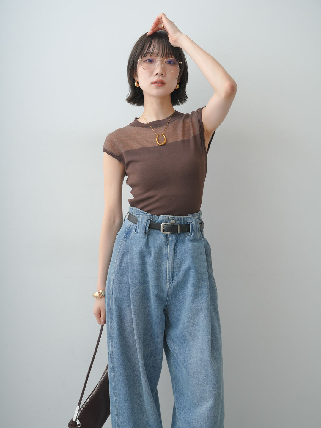 [予約]シアー切替ニットトップス/brown