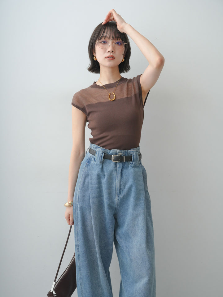 [予約]シアー切替ニットトップス/brown