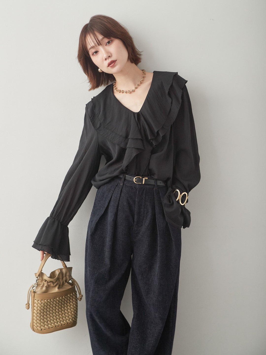 [SET]ラッフルカラーブラウス+ラッフルカラーブラウス(2set)