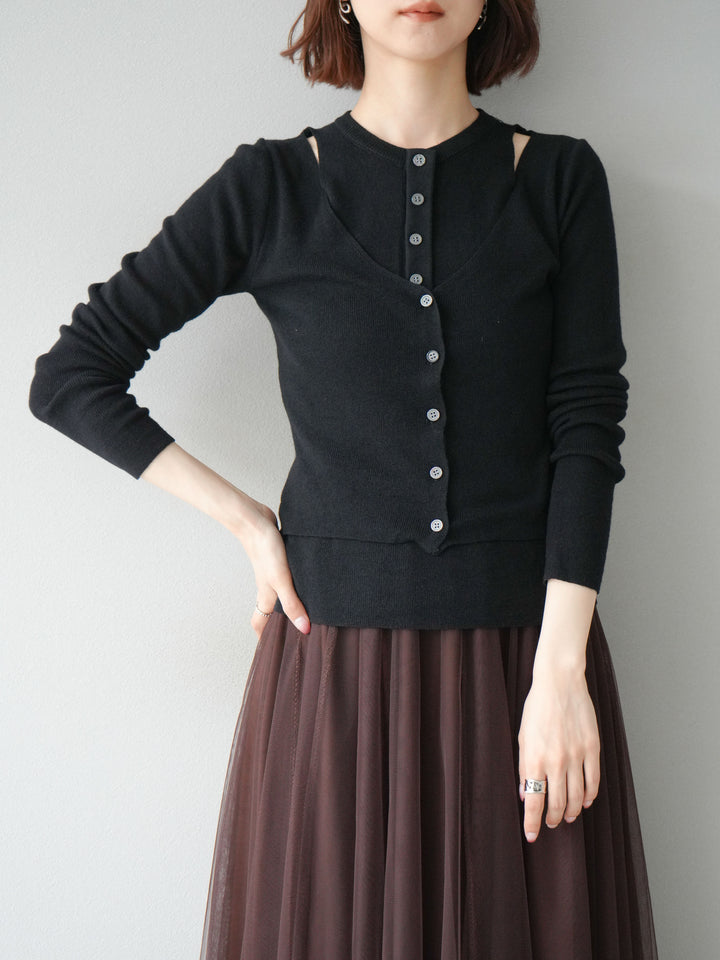 [予約]レイヤードデザインニットカーディガン/ブラック