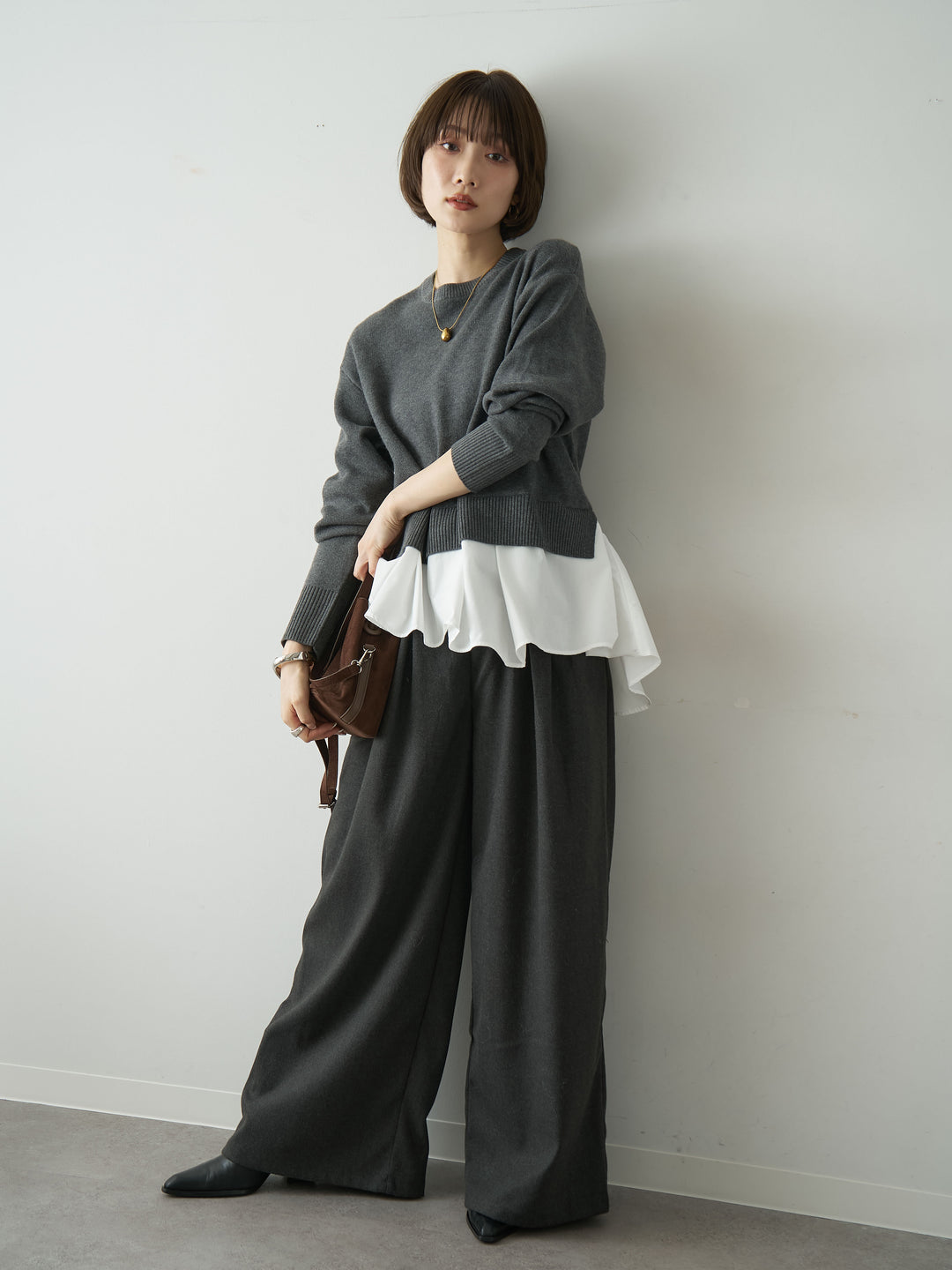 [SET]アシンメトリーシャツレイヤードニットプルオーバー+ダブルタックドレープストレートワイドパンツ(2set)