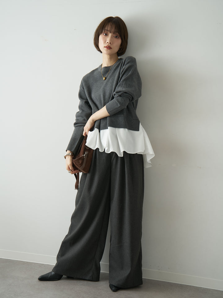 [SET]アシンメトリーシャツレイヤードニットプルオーバー+ダブルタックドレープストレートワイドパンツ(2set)