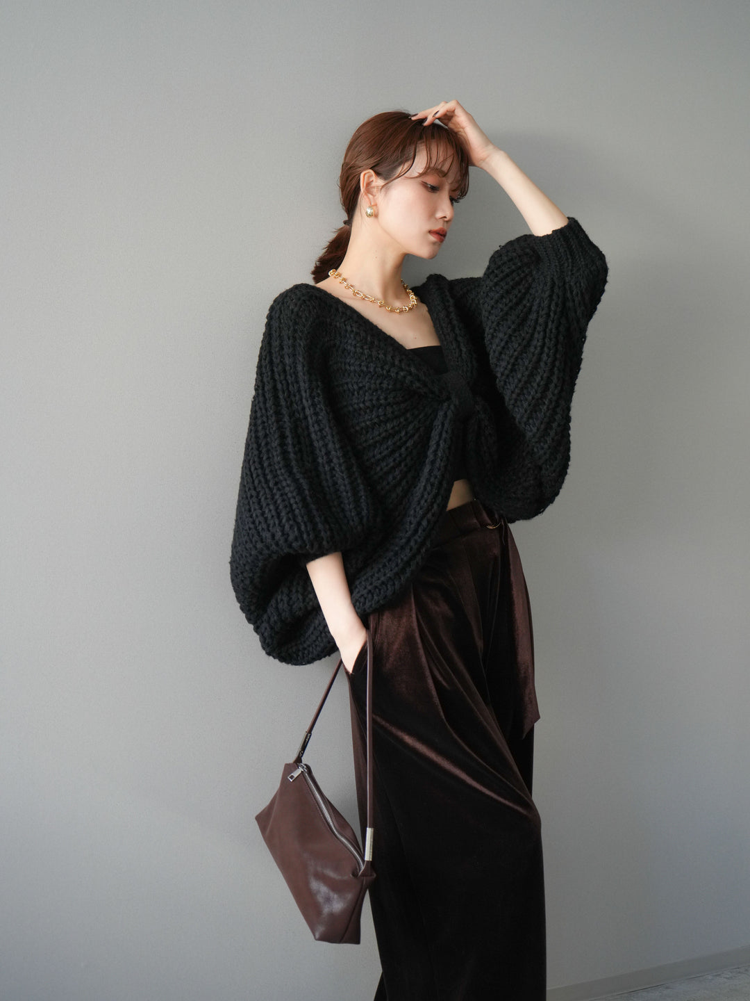 [予約]ローゲージ畦編みドルマンニットボレロ/black