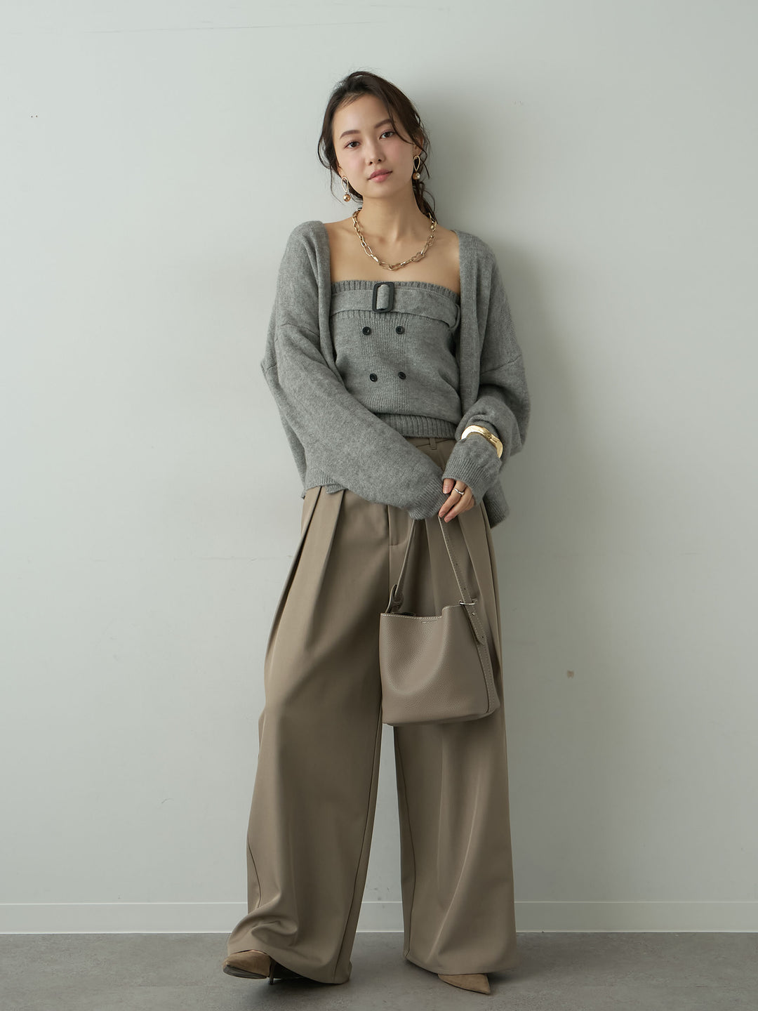 [SET]ニットカーデ＆ニットベアトップSET UP(2SET)+ツイルタックワイドパンツ(2set)
