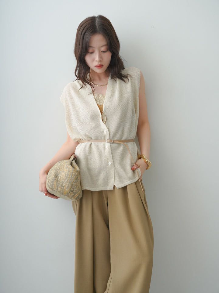 [SET]ベルト付フロントボタンノースリニットトップス+クレープデシンタックワイドパンツ(2set)