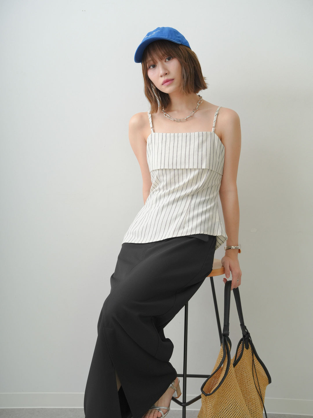 [SET]ストライプアシメキャミソール+クレープデシンフラップ付きストレートスカート(2set)