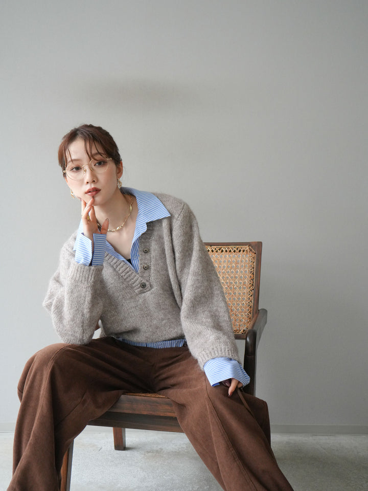 [予約]ストライプシャツドッキングMIXヤーンニットプルオーバー/beige