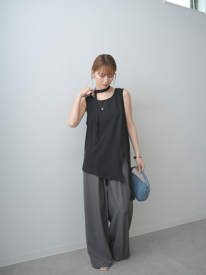 [SET]タイ付アシメヘムノースリトップス+ベルトループデザインワイドパンツ(2set)