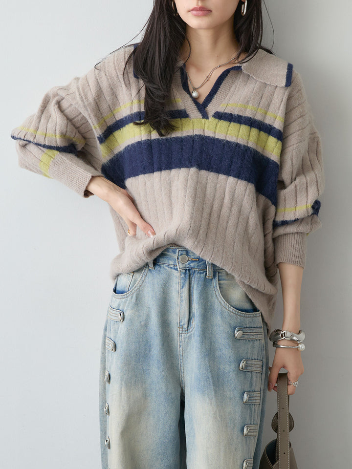 [予約]マルチボーダー起毛スキッパーニットトップス/greige