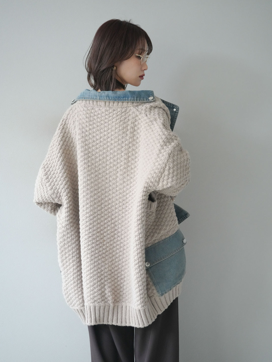 [SET]デニム襟レイヤードニットジャケット+ベルトループデザインワイドパンツ(2set)