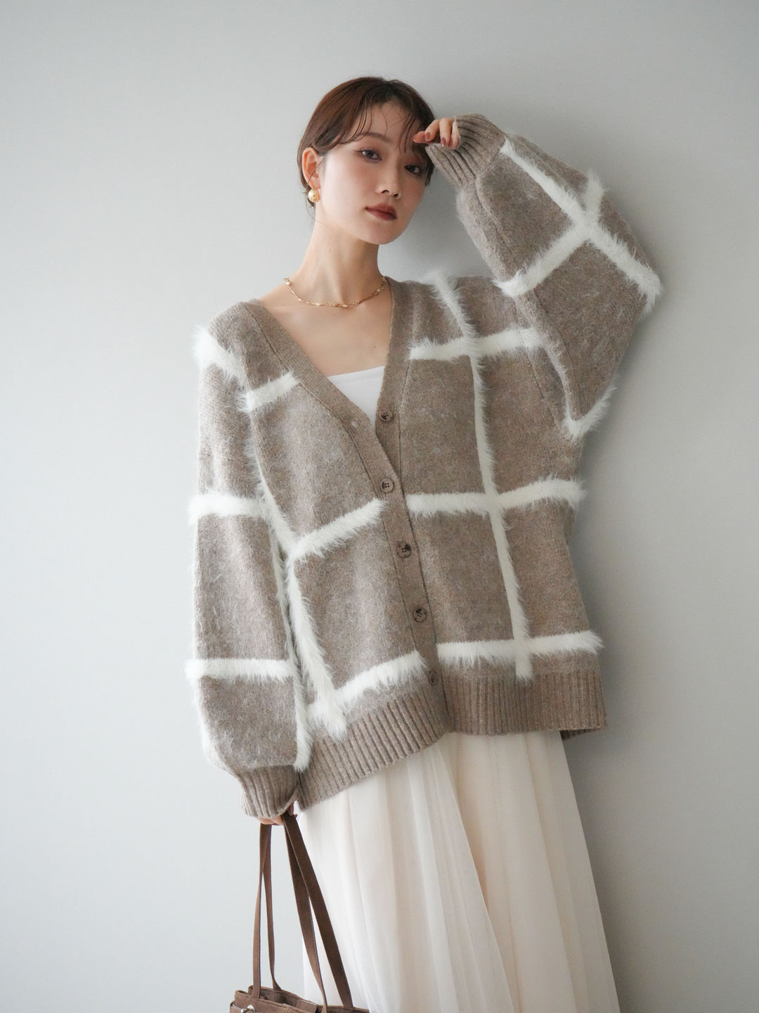 [予約]ミックスシャギーチェックカーディガン/beige
