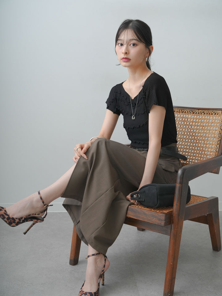 [SET]ランダムメローリブニットトップス+クレープデシンフラップ付きストレートスカート(2set)