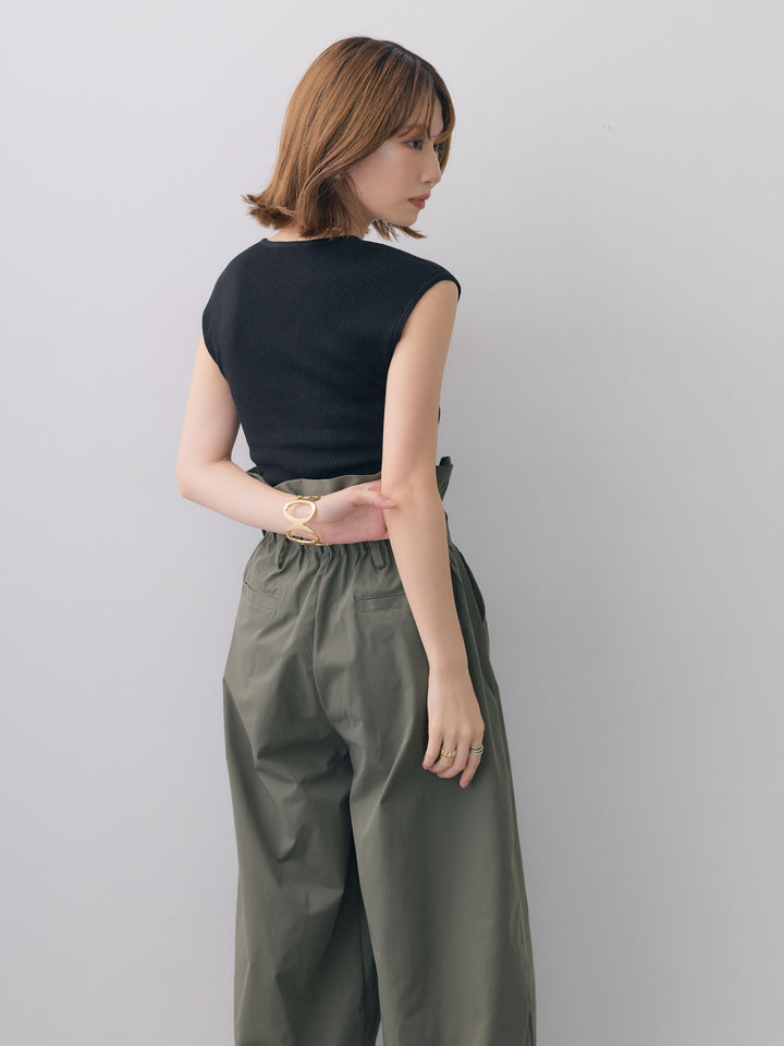 [SET]くるみボタンスリムフレンチニットトップス+2WAYロールアップワイドパンツ(2set)