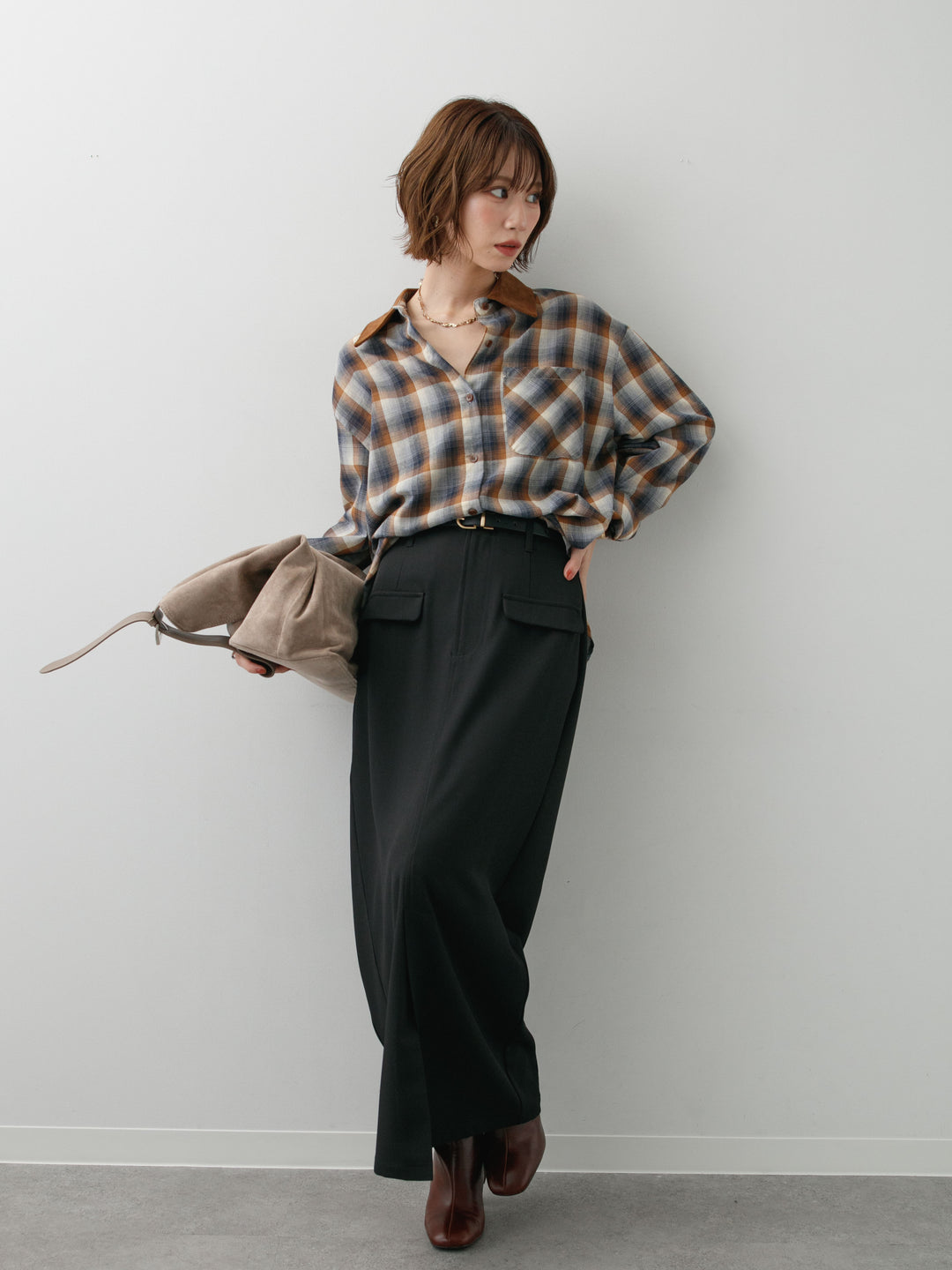 [SET]チェックオーバーシャツ+クレープデシンフラップ付きストレートスカート(2set)
