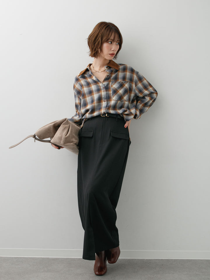 [SET]チェックオーバーシャツ+クレープデシンフラップ付きストレートスカート(2set)