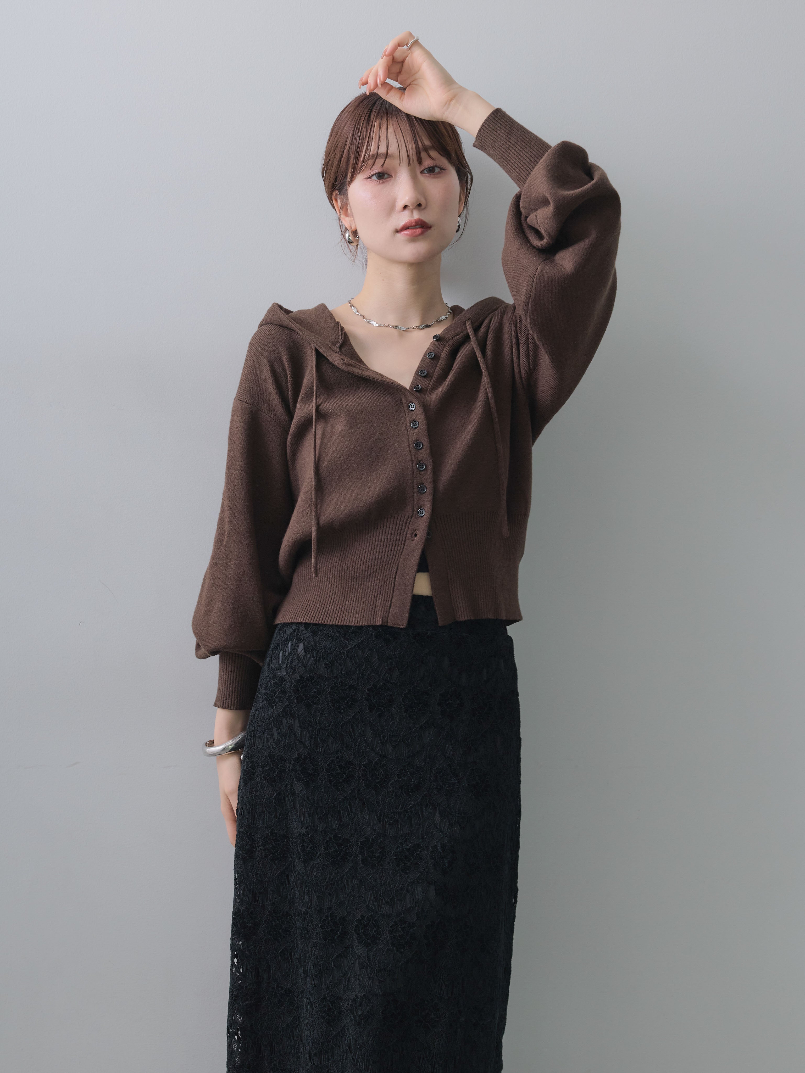 SET]ボリュームスリーブフードニットカーディガン+ベロアレースIライン