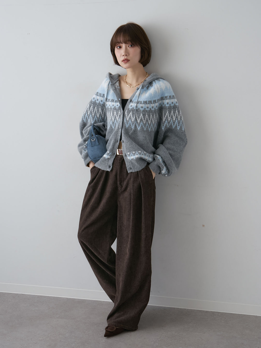 [SET]ノルディックフードカーディガン+ベロアデニムタックワイドパンツ(2set)