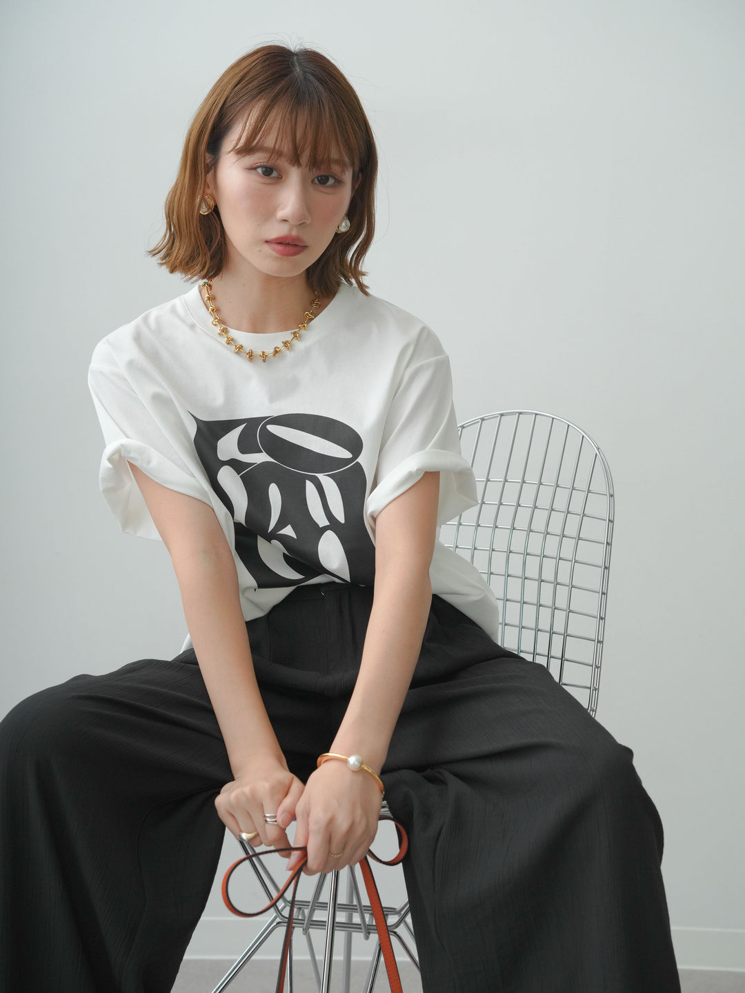 [SET]クールタッチアートロゴオーバーTEE+ベルト付ワッシャーライトワイドパンツ(2set)