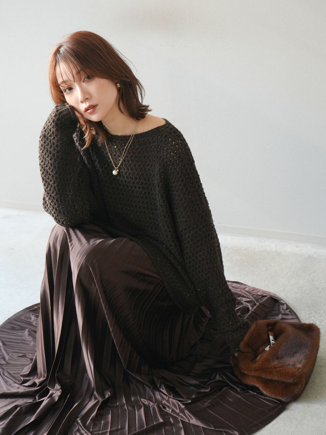 [予約]ネップ透かし編みオーバーニット/brown