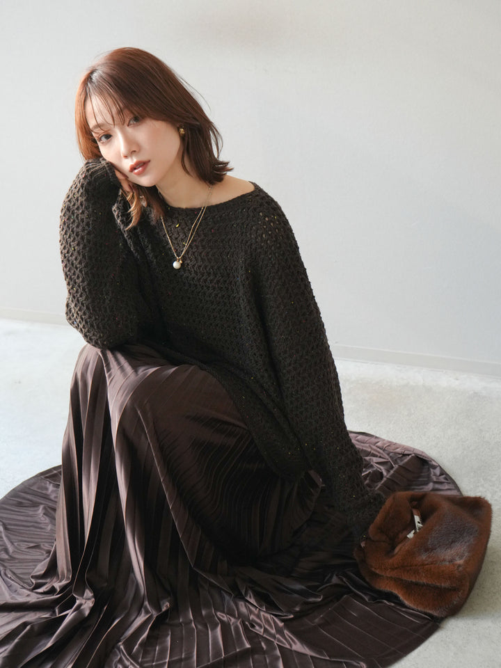 [予約]ネップ透かし編みオーバーニット/brown